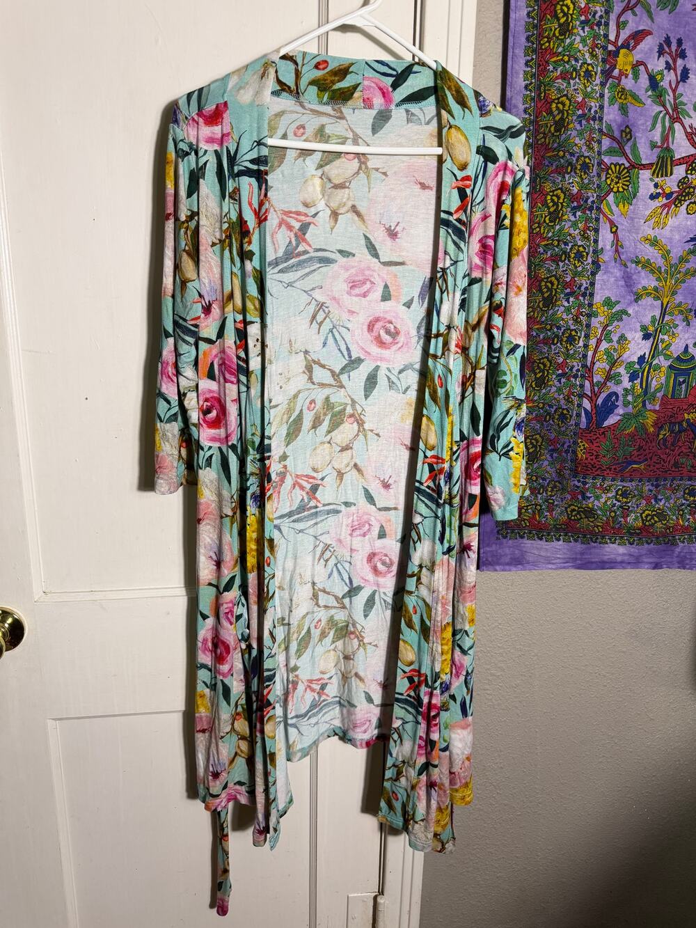Posh Peanut Floral Duster Cardigan Aqua Longline Belted Kimono Boho - Medium